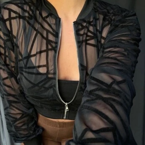 Black Mesh Cropped Zip Up Jacket - Picture 7 of 7